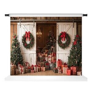 Kate Christmas Backdrops White Barn Door Photo Background Wreath 7 x 5